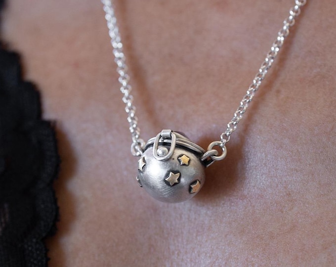 READY TO SHIP Cauldron Locket with tiny stars,  sterling silver and brass with Amethyst