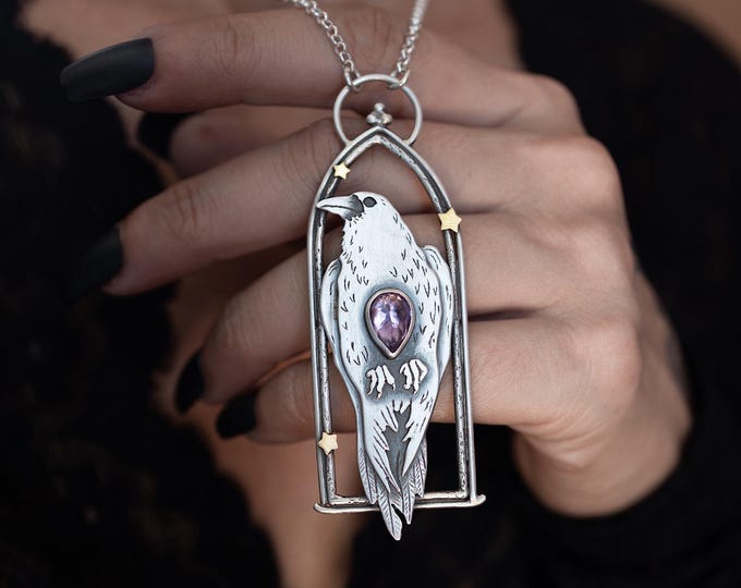 Bewitched, raven on cathedral window sterling silver and brass pendant with Amethyst