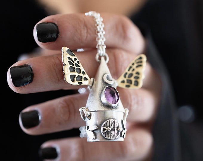 The Fairy House locket, sterling silver, brass and Amethyst