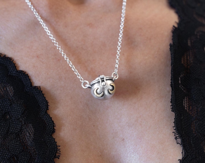 READY TO SHIP Cauldron Locket with tiny crescent moons, sterling silver and brass with clear Cubic Zirconia