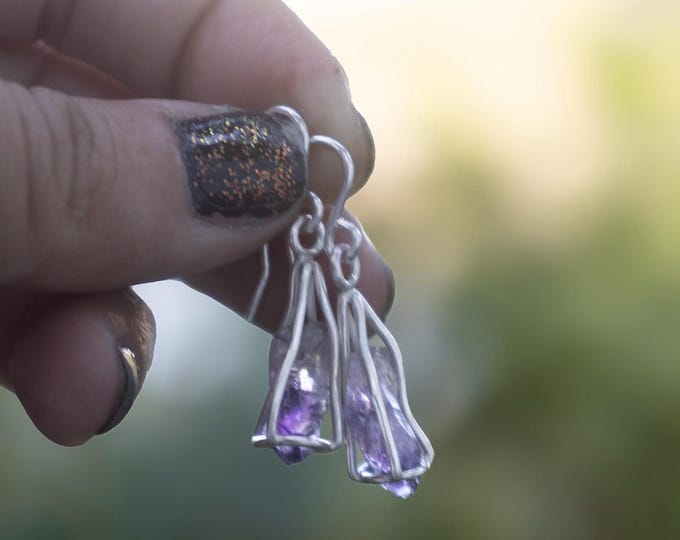 Amethyst Lanterns sterling silver and raw Amethyst earrings