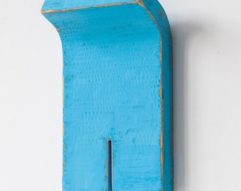Original Wall Sculpture – Turquoise Minimal Object, Carved Form