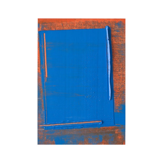 コバルトブルーとオレンジの抽象油絵 - 小さな額入りモダンミニマ