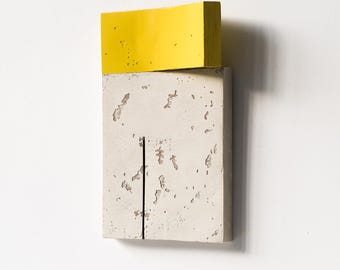 Minimalist Wall Sculpture with Yellow Block, Original Textured Relief Art, Contemporary White Wall Object