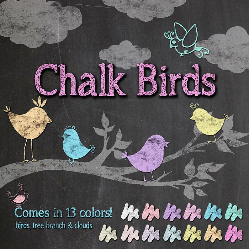 Chalkboard Birds Clipart 6 Chalk Doodle Birds in 13 Colors Etsy
