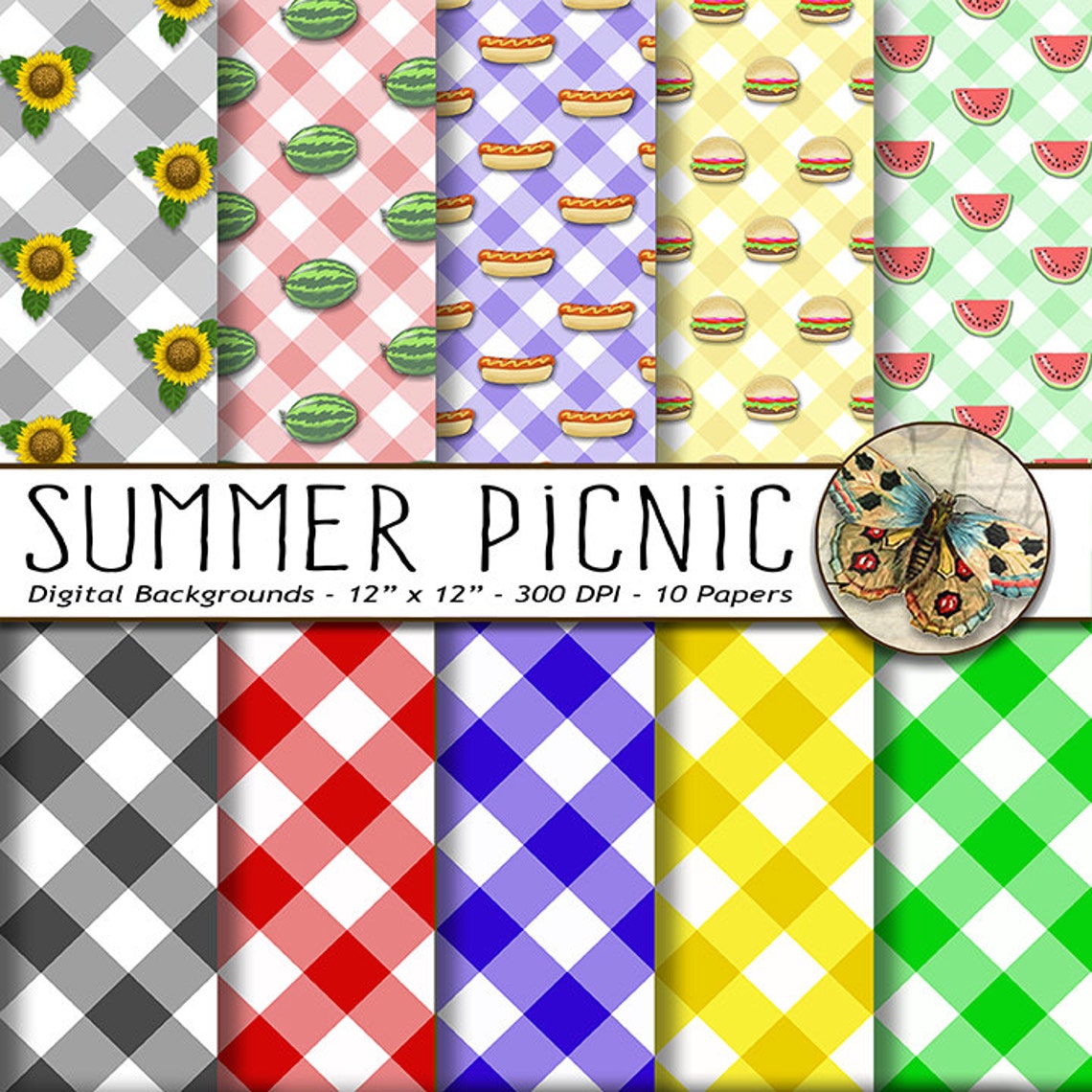 Picnic Digital Paper Summer Picnic Gingham Paper in 10 Colors | Etsy