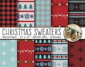Christmas Sweater Digital Paper, Winter Knits Christmas Paper, Digital Christmas Scrapbooking Paper, Blue and Red Christmas Paper