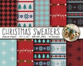 Papel Digital de suéter de Navidad, invierno tejidos Navidad, papel Navidad Digital Scrapbooking, papel de la Navidad azul y rojo