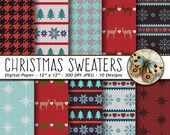 Christmas Sweater Digital Paper, Winter Knits Christmas Paper, Digital Christmas Scrapbooking Paper, Blue and Red Christmas Paper