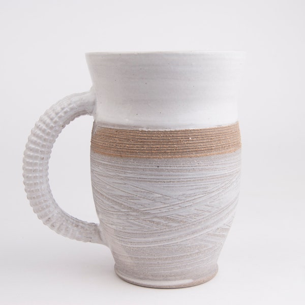 Extra Large White Ceramic Mug, for coffee, tea, or beer - Handmade in Quebec. Matte and glossy finish