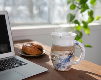 Large coffee cup stoneware pottery handmade on the wheel in Quebec with large ergonomic handle