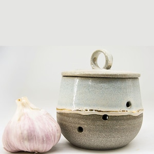 Peut inclure: Un pot à ail en céramique à deux tons, bleu clair et gris, avec un accent doré. Le pot a trois petits trous et une poignée en boucle. Une tête d'ail est placée à côté.