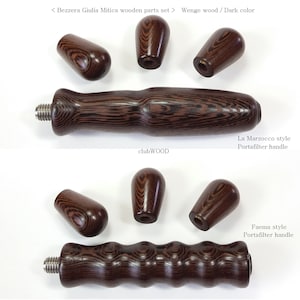 Puede incluir: Dos juegos de mangos de portafiltro de madera para máquinas de espresso. El juego superior es de estilo La Marzocco con un mango recto. El juego inferior es de estilo Faema con un mango ondulado. Ambos juegos están hechos de madera oscura con un patrón de veta natural.