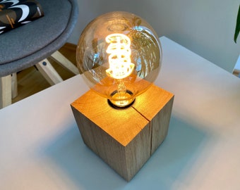 Lampada da tavolo EDISON legno massello di rovere E27/opt. Dimmer/Luce moderna dal design industriale retrò vintage/Lampada da comodino/Lampada da scrivania