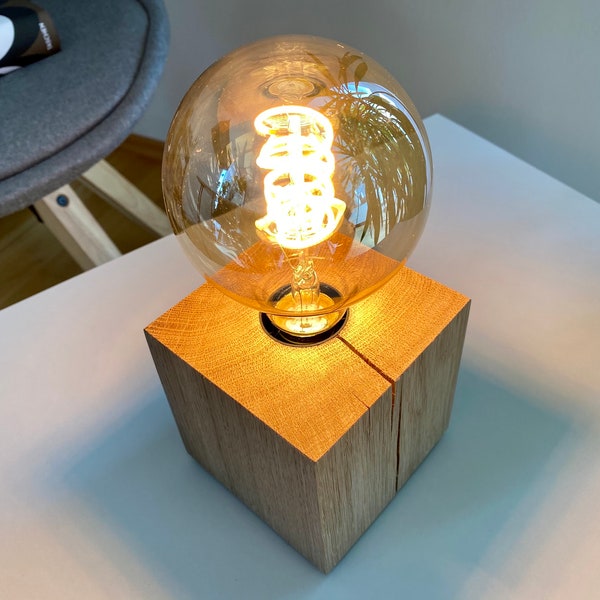 dimmbare EDISON Tischlampe Eiche massiv Holz E27 / Industrial Retro Vintage Design Modern Leuchte / Nachttischlampe / Schreibtischlampe