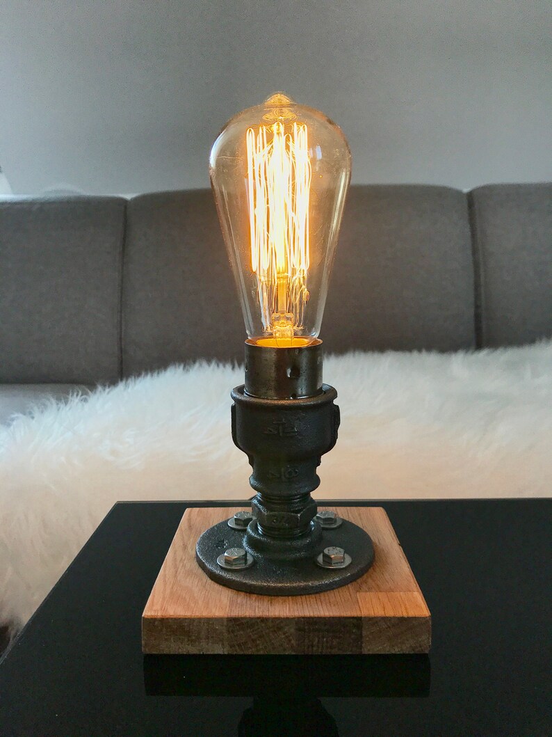 Edison Lamp with Oak Base and Tempering Fittings / Industrial Etsy