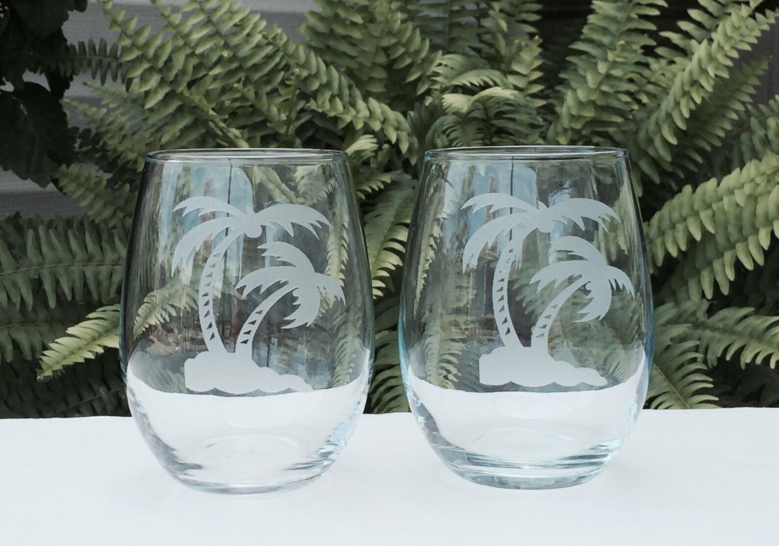 Palm Tree Wine Glass Set 2 Stemless Wine Glasses Etsy