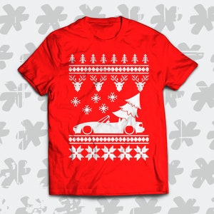 Mazda MX-5 Miata NA 1989-1997 Christmas T-shirt. Perfect automotive winter holiday gift for a Miata fan.
