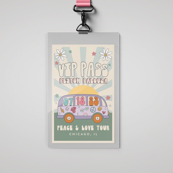 Groovy VIP Pass Template Retro Festival Birthday Flower Hippie Party Vibe 70s Party Editable Digital Template Instant Download