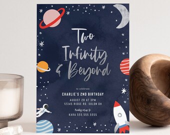 Two Infinity Birthday Invitation: Space Rocket, Planets (Editable, Instant Download)