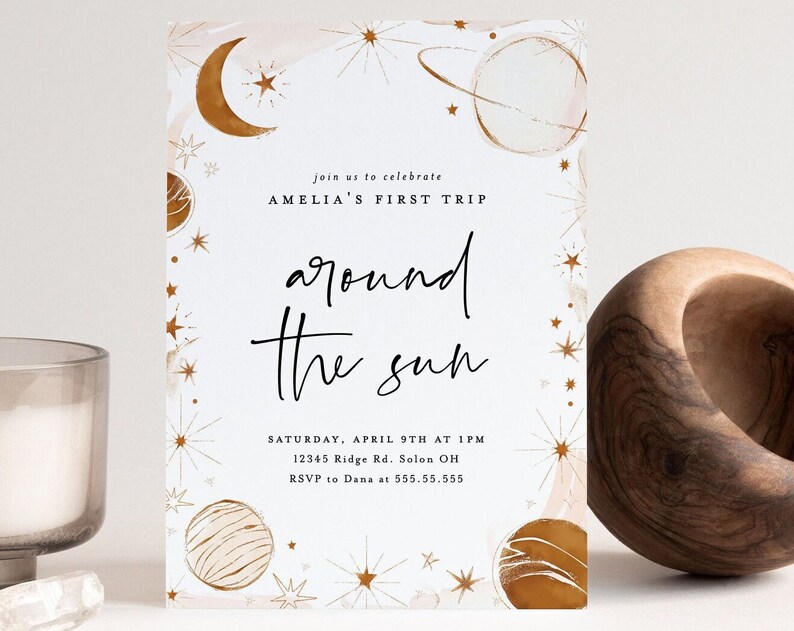 Boho First Trip Around the Sun Birthday Invitation Minimalistic Space Invitation Girl First Birthday Editable Digital