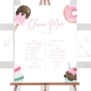 Sweet One Milestone-poster: bord verjaardagsstatistieken donut (INSTANT DOWNLOAD)