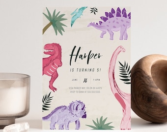 Girl Dinosaur Birthday Invitation, Jurassic, Trex,  Editable Digital Template,  INSTANT DOWNLOAD