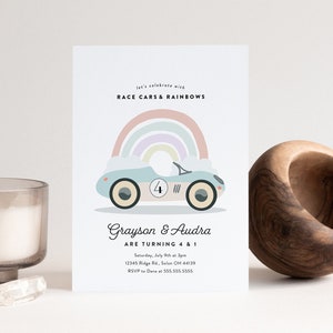 Rennautos und Regenbogen-Geburtstags-Einladung, Geschwister-Geburtstags-Einladungen, Rennautos, Regenbogen, bearbeitbare Einladung, INSTANT DOWNLOAD