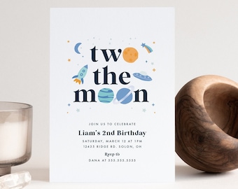 Two the Moon Invitation, Modern Space Birthday Invitation, 2nd Birthday Invitation, Boy Modern Space, Editable Template, INSTANT DOWNLOAD
