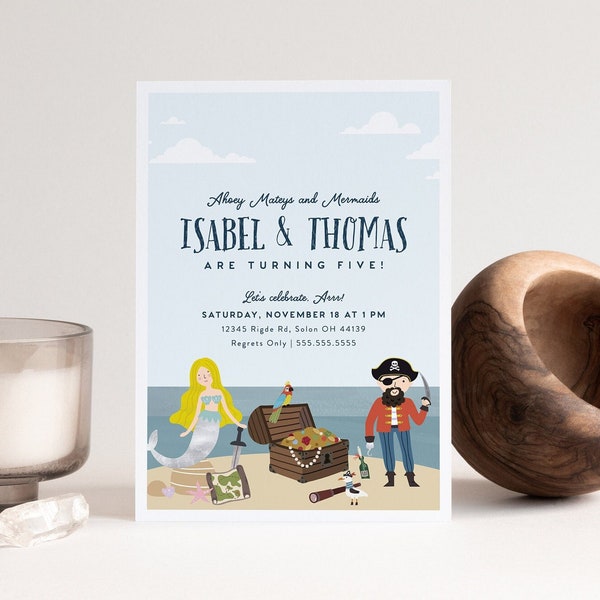 Pirate and Mermaid Birthday Invitation, Sibling Birthday Invitation, Pirates and Mermaids, Editable Invitation Template, INSTANT DOWNLOAD