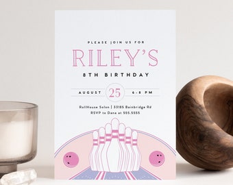 Bowling Birthday Party Invitation, Girl Birthday, Bowling Party Invitation Template,  Editable Invitation, INSTANT DOWNLOAD