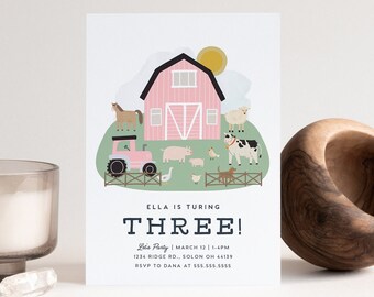 Girl Farm Birthday Invitation: Pink Barnyard Animals (Digital Download)