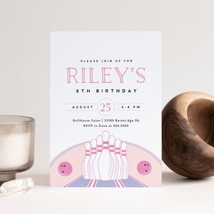 Bowling Birthday Party Invitation, Girl Birthday, Bowling Party Invitation Template,  Editable Invitation, INSTANT DOWNLOAD