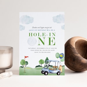 Boy's Golf 1st Birthday Invitation: Hole-in-One, Masters Theme (Editable Digital Template)
