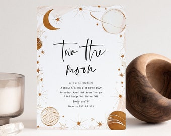 Editable Two the Moon Birthday Invitation, Minimalistic Space Invitation, Girl 2nd Birthday, Modern Space, INSTANT DOWNLOAD
