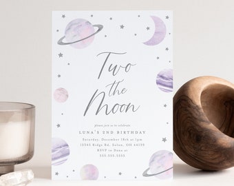 Two the Moon Invitation, Girl Space Birthday Invitation, Planets, Galaxy, Moon, Editable Birthday Invite, INSTANT DOWNLOAD