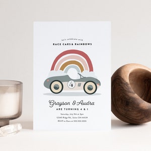 Race Car Rainbow Birthday Invitation: Sibling Party (Instant Download)