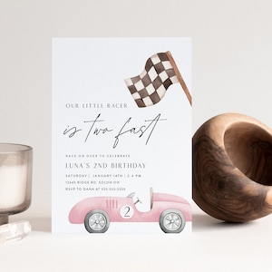Girl Two Fast Birthday Invitation, Vintage Race Car, Pink Race Car Birthday, 2nd Birthday, Editable Digital Template, INSTANT DOWNLOAD