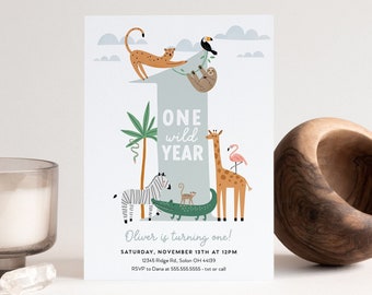 Boy Wild One Birthday Invitation Boy First Birthday Safari Animals Wild One One Wild Year Editable Digital Template INSTANT DOWNLOAD