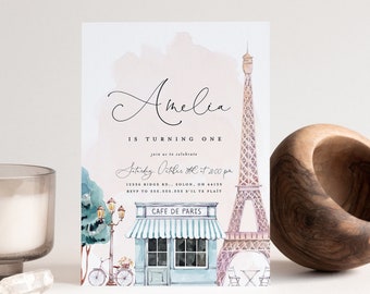 Paris Birthday Invitation: French Cafe, Eiffel Tower (Instant Download)