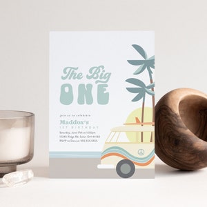 De Big One Retro Surf verjaardagsuitnodiging, Boy eerste verjaardagsuitnodiging, Hippie Van Beach Party bewerkbare sjabloon INSTANT DOWNLOAD