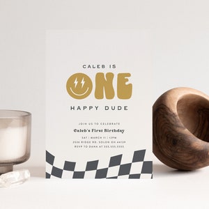 One Happy Dude Birthday Invitation Smiley Face Invitation Retro One Happy Dude First Birthday Editable Digital Template, Instant Download
