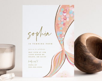 Mermaid Birthday Invitation Template, Minimalistic Modern Mermaid, Editable Mermaid Watercolor Invitation, Girl Birthday, INSTANT DOWNLOAD