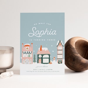 Christmas Birthday Invitation: Winter Houses Party, Girl First Birthday (INSTANT DOWNLOAD)