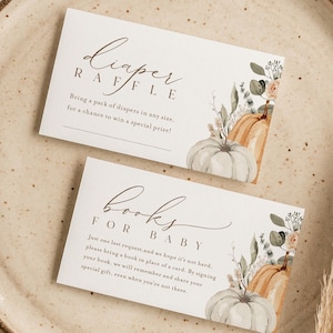 Prośba o książki z losowaniem pieluszek dyniowych, Little Pumpkin Baby Shower, Autumn Boho Shower Edytowalny szablon cyfrowy Natychmiastowe pobranie