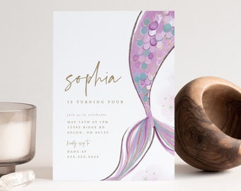 Mermaid Birthday Invitation Girl Birthday Minimalistic Mermaid Editable Mermaid Watercolor  Editable Digital Template INSTANT DOWNLOAD