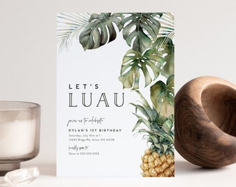 Luau Birthday Party Invitation, Tropical Party, Summer, Pool Party, Palms, Pineapple, Editable Invitation, INSTANT DOWNLOAD