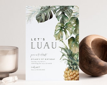 Luau Birthday Party Invitation, Tropical Party, Summer, Pool Party, Palms, Pineapple, Editable Invitation, INSTANT DOWNLOAD