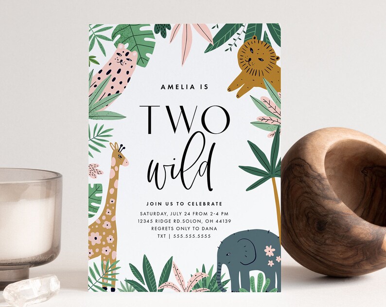 Two Wild Invitation Girl 2nd Birthday Invitation Jungle Animals Party Animals Safari Jungle INSTANT DOWNLOAD