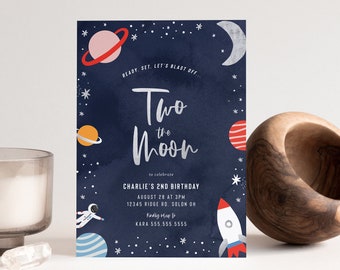 Two the Moon Birthday Invitation: Space Rocket Galaxy (Digital Template)